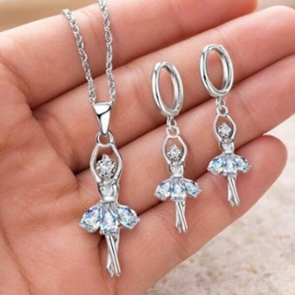 Boutique Jewelry - Sterling Silver Plated 925 CZ Ballerina Necklace & Hoop Earring Set